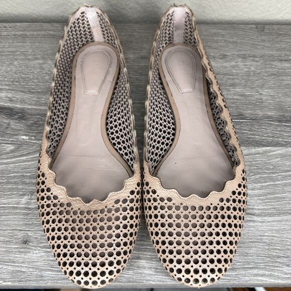CHLOE Perforated Leather Lauren Scalloped Ballet Flats 37.5 US 7 Nude Beige - Picture 5 of 9